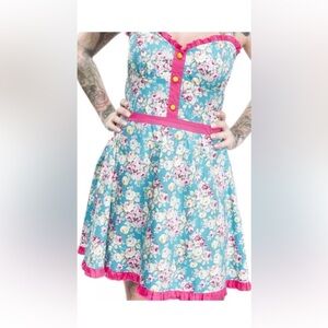 NWT Sourpuss Aqua Blue Rosey Luau Dress pink floral print Pinup Retro 50s XL